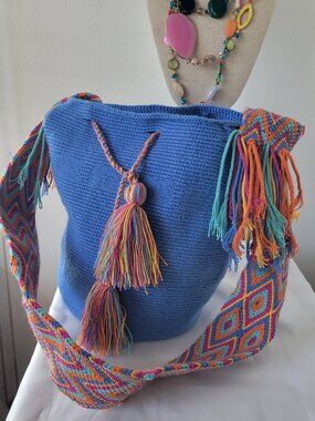 NWT Authentic Wayuu Mochila Bucket Bag Handmade Colombia Blue Crochet Boho Fring